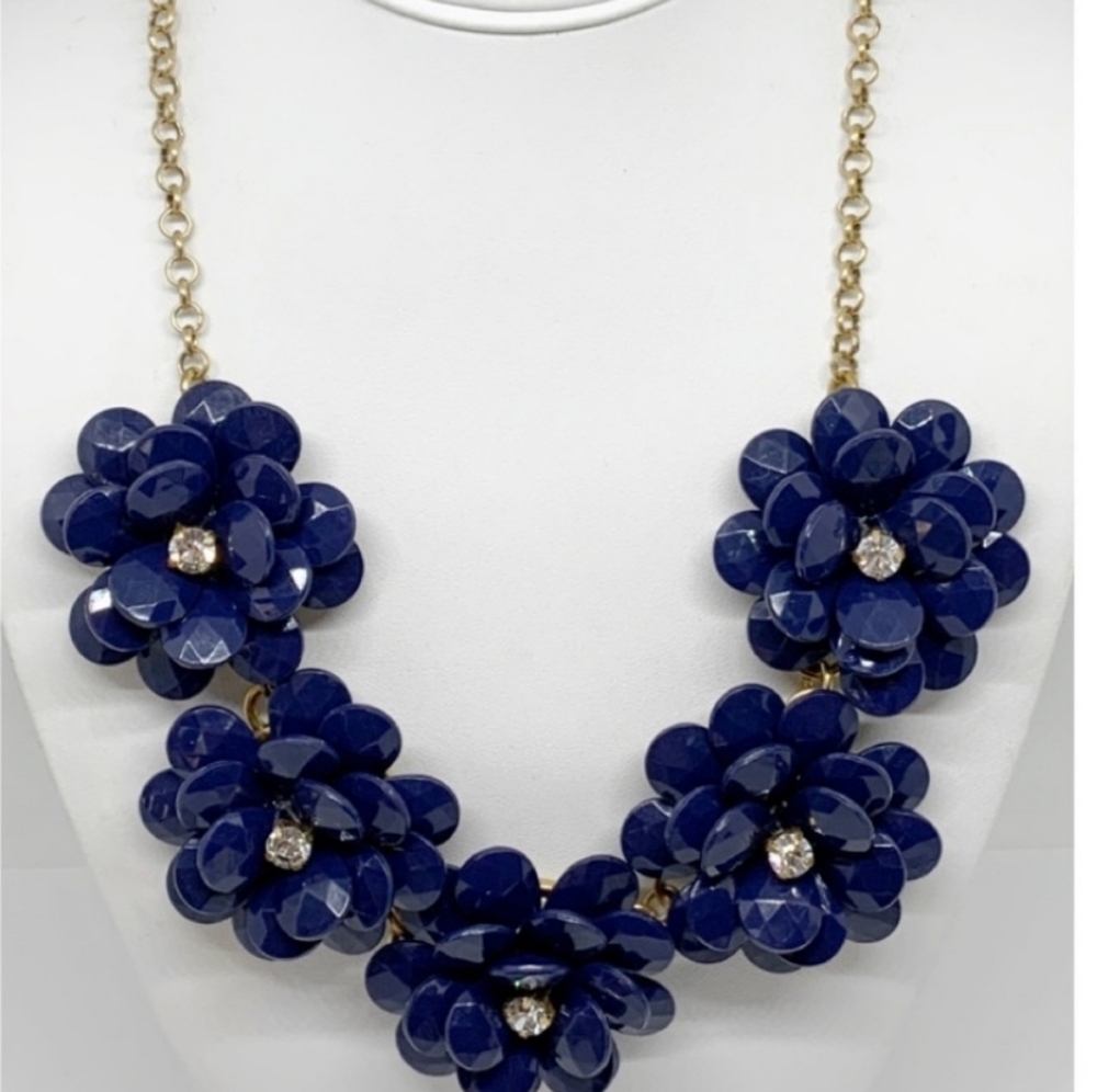 J. Crew Factory Navy Flowers Rhinestones Necklace